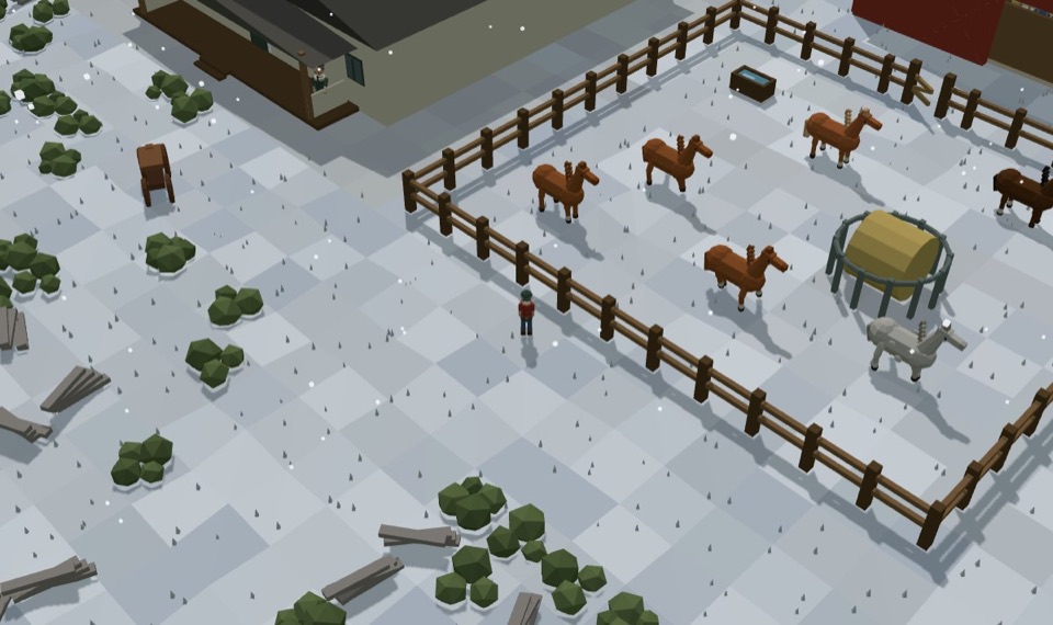 The paddock under snow, the horses out and the snow still coming down.